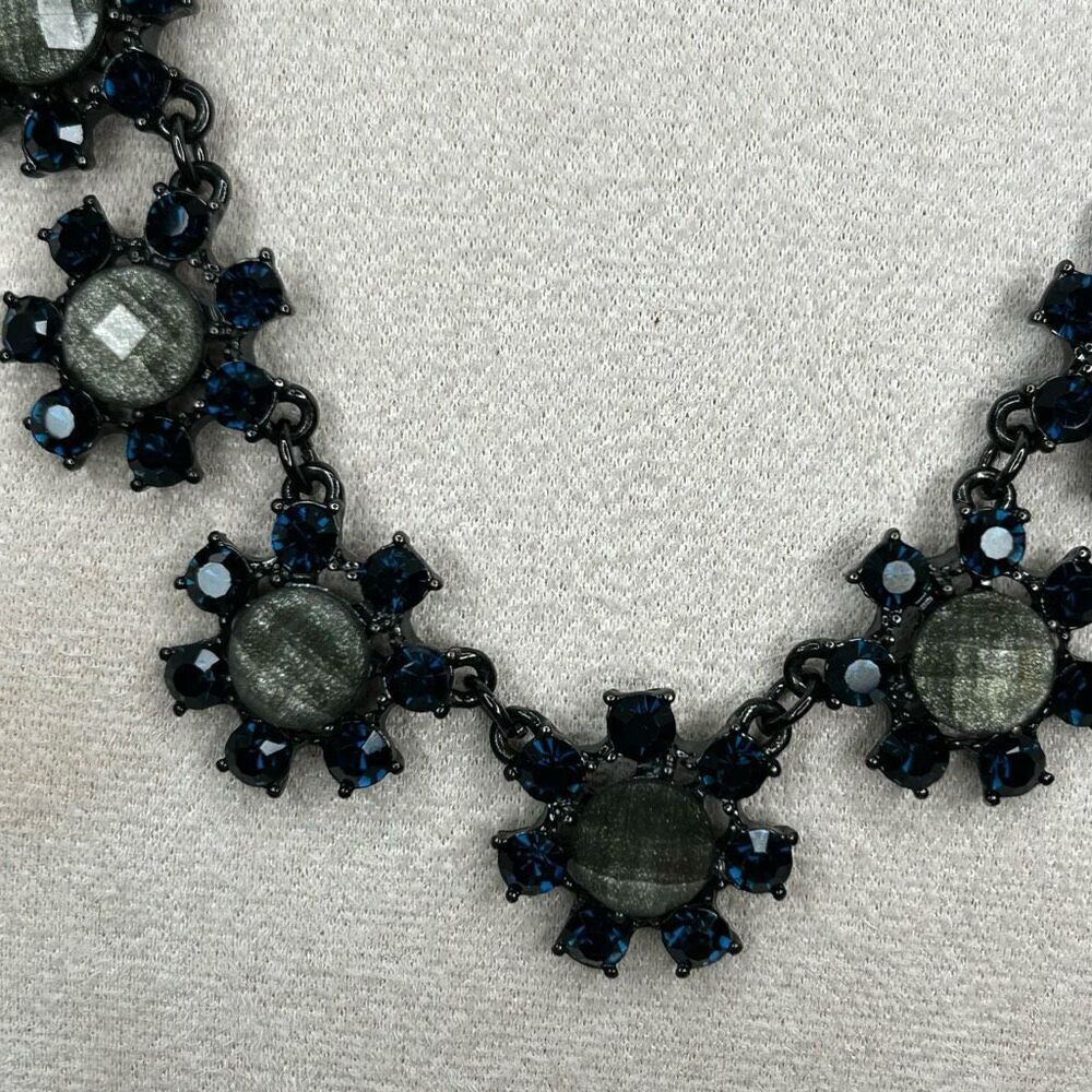 Floral Bib Costume Necklace 16" Blue Rhinestones Black Gun Metal Colored Chain - Picture 9 of 12